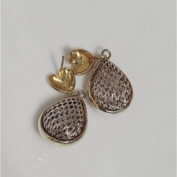 Vintage Sterling Silver Gold Plated Heart  Chunky Mesh Drop Dangle Earrings - Picture 7 of 9